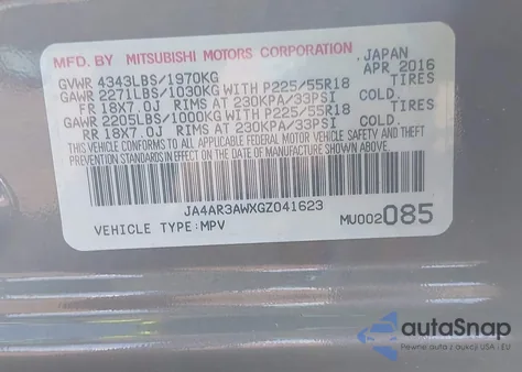 2016 Mitsubishi Outlander Sport 2.4 Se z USA, uszkodzony, nr VIN JA4AR3AWXGZ041623